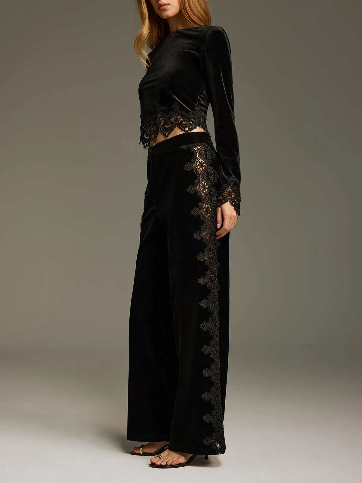 Side Lace Panel Velvet Straight-Leg Pants sold by COMMENSE product image thumbnail 3