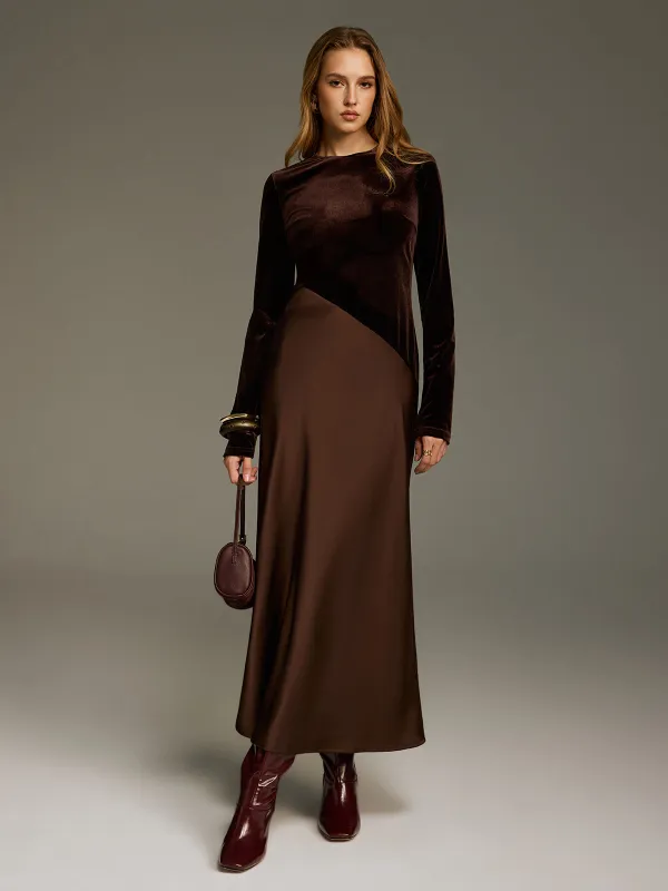 Velvet & Satin Paneled Long Sleeve Maxi Dress sold by COMMENSE