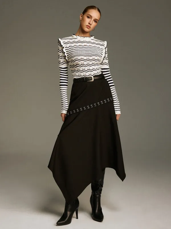 Metal Clasp Detail Asymmetric Hem Skirt sold by COMMENSE