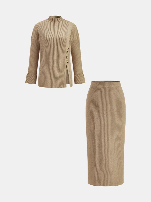 Ribbed Side-Slit Sweater & Midi Skirt Set sold by COMMENSE