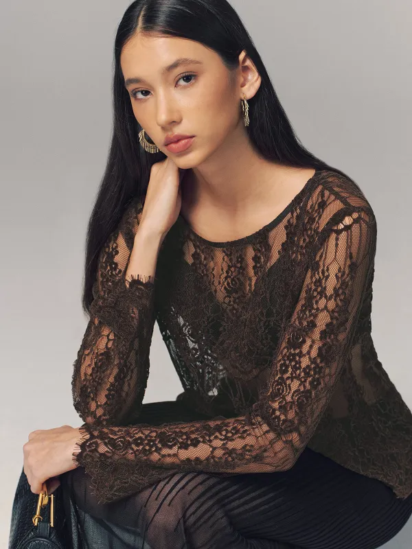 Sheer Lace Long-Sleeve Top sold by COMMENSE