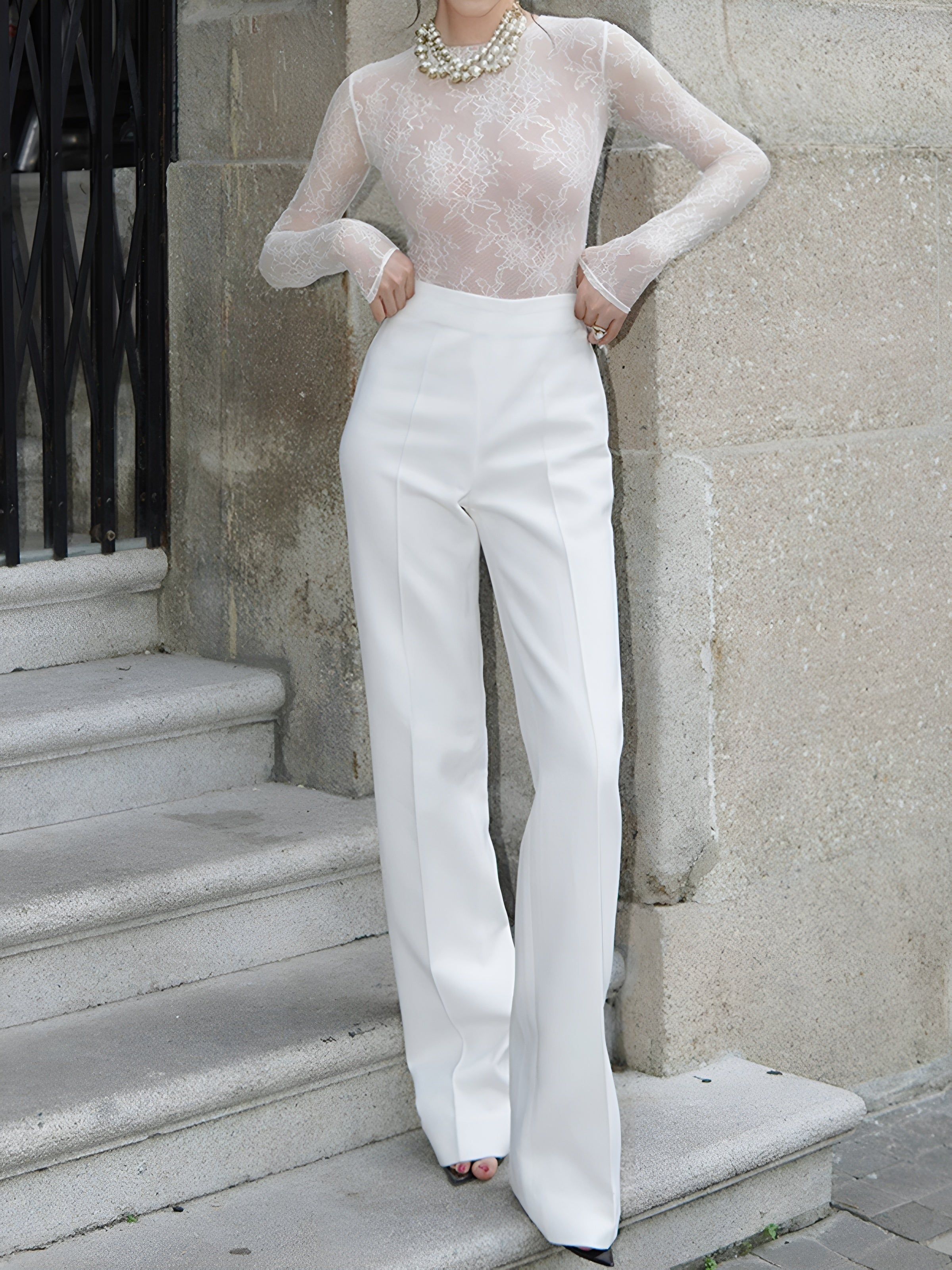 Semi-sheer Jacquard Long Sleeve Jumpsuit sold by COMMENSE