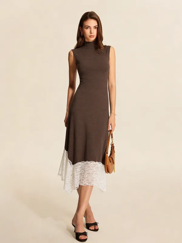Lace Hem Sleeveless Turtleneck Maxi Dress made by COMMENSE