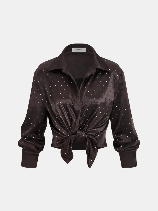 Satin Polka-Dot Knot-Front Shirt sold by COMMENSE