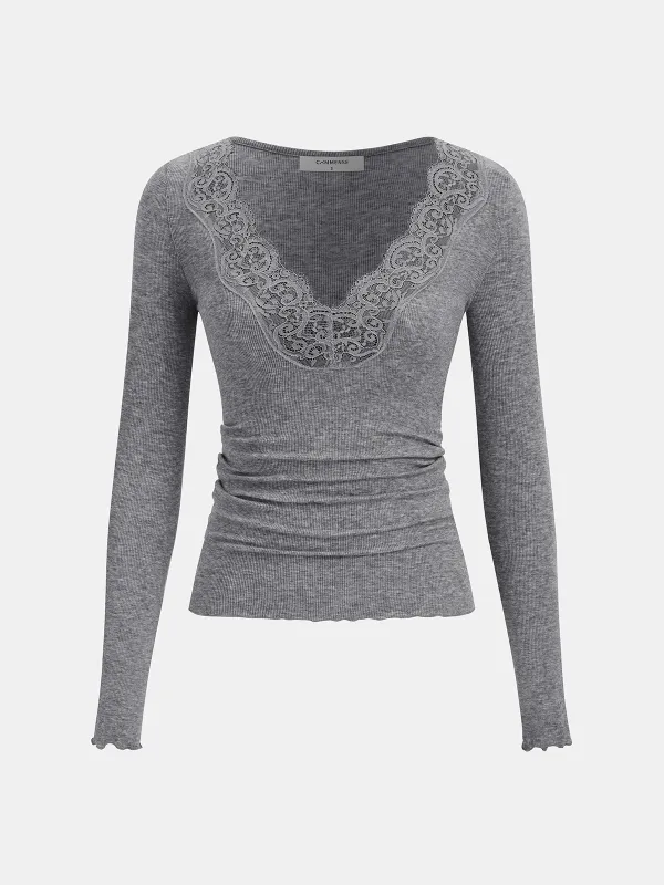Lace V-Neck Ruched Long-Sleeve Top sold by COMMENSE