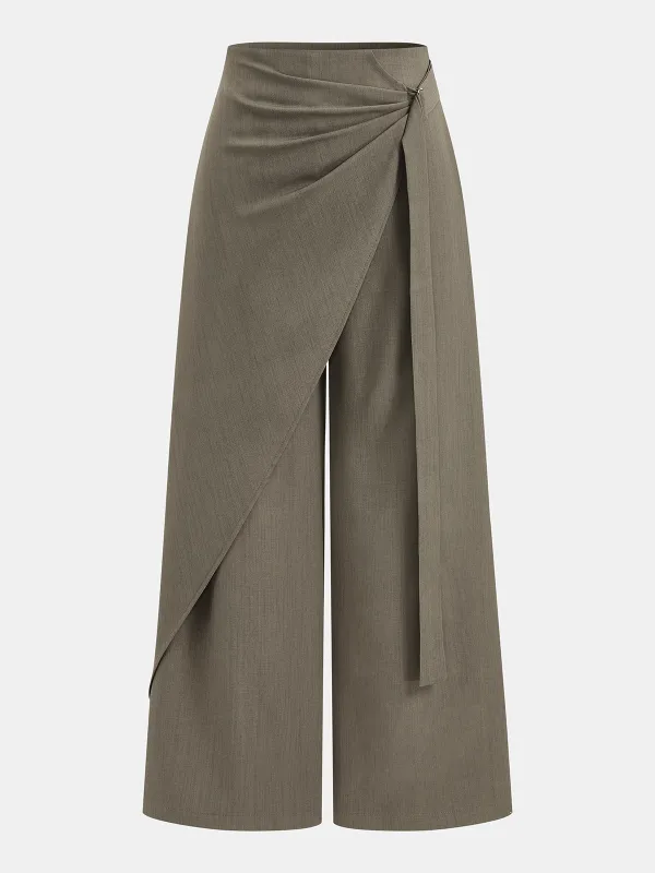 Mid-Waist Wrap-Front Wide-Leg Pants sold by COMMENSE