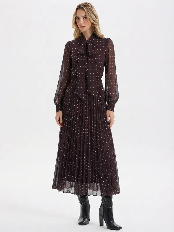 Tie-Neck Pleated Polka Dot Chiffon Maxi Dress sold by COMMENSE