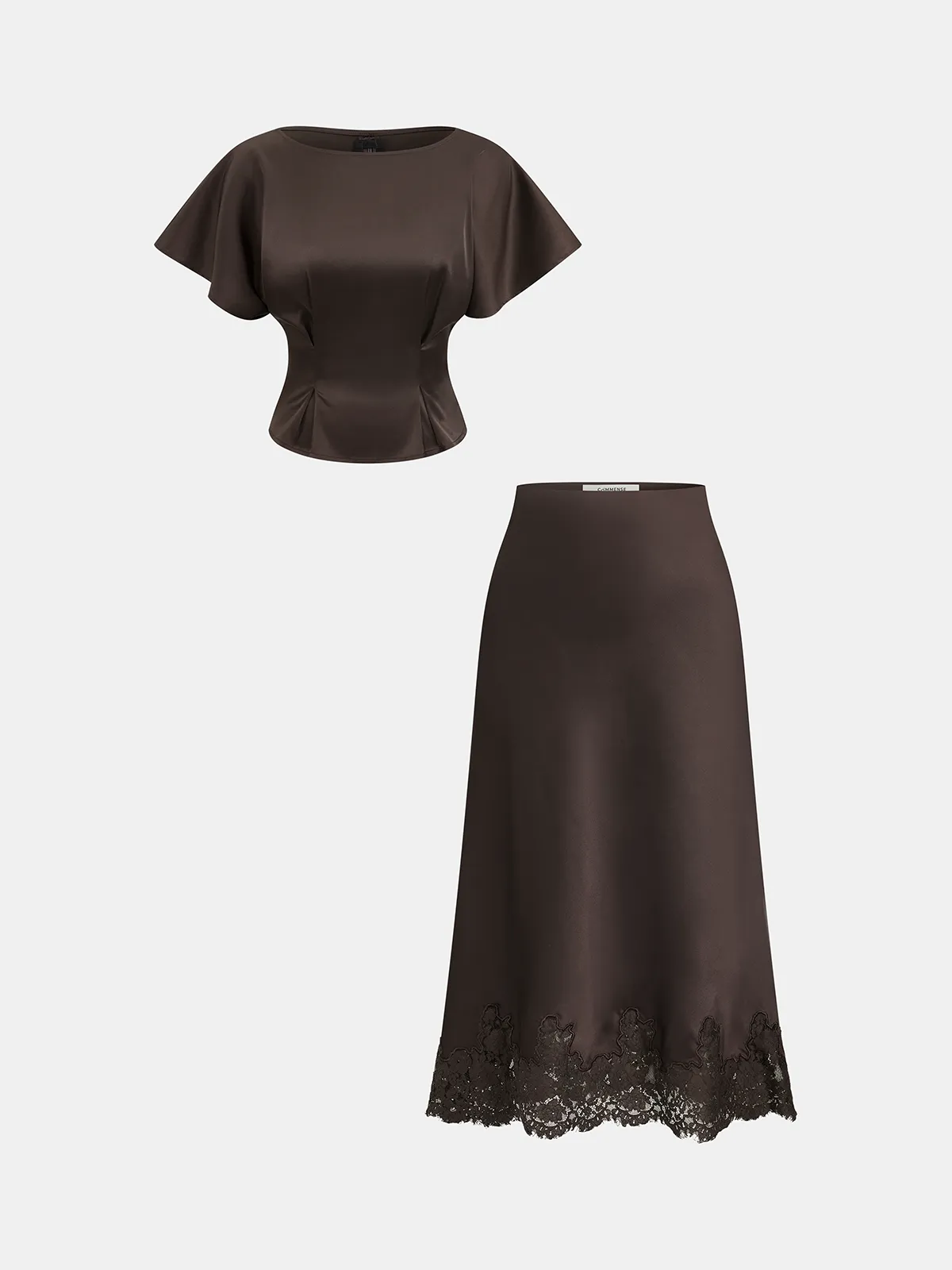 Satin Cinched-Waist Top & Lace-Trim Skirt Set sold by COMMENSE