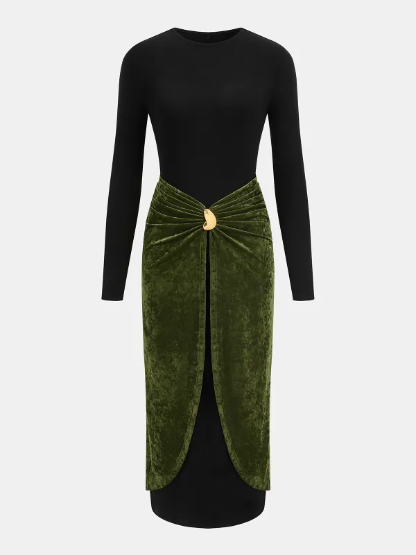 Metal Detail Color-Block Velvet Panel Dress sold by COMMENSE