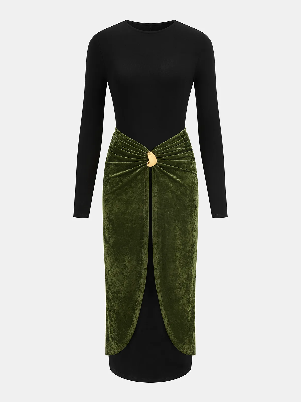 Metal Detail Color-Block Velvet Panel Dress sold by COMMENSE