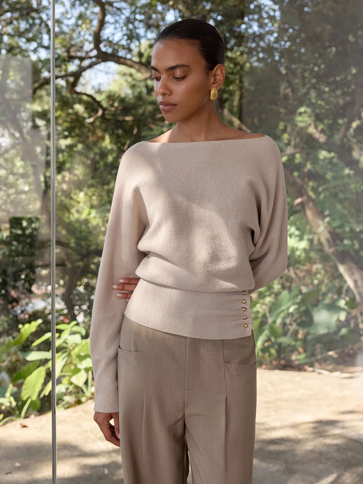 Metal Detail Ribbed Knit Sweater sold by COMMENSE