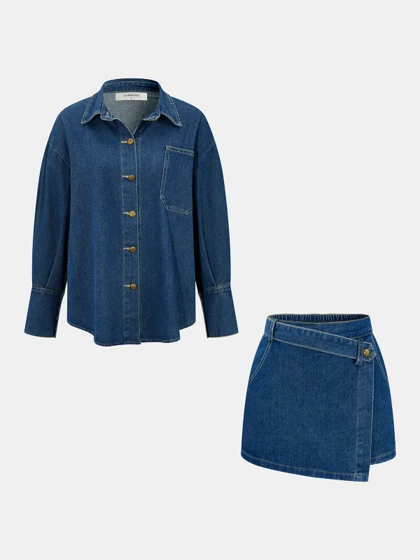 Denim Shirt & Asymmetric Skort Set sold by COMMENSE
