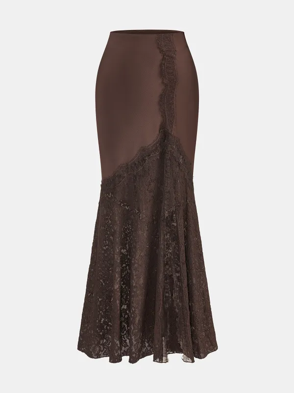 Lace Panel Satin Mermaid Maxi Skirt sold by COMMENSE