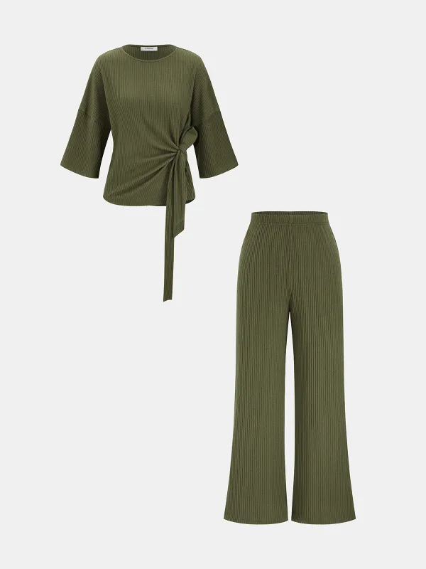 Ribbed Twist-Front Top & Wide-Leg Pants Set sold by COMMENSE
