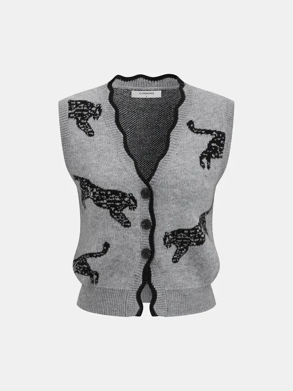 Panther Pattern Contrast Trim Knit Vest sold by COMMENSE