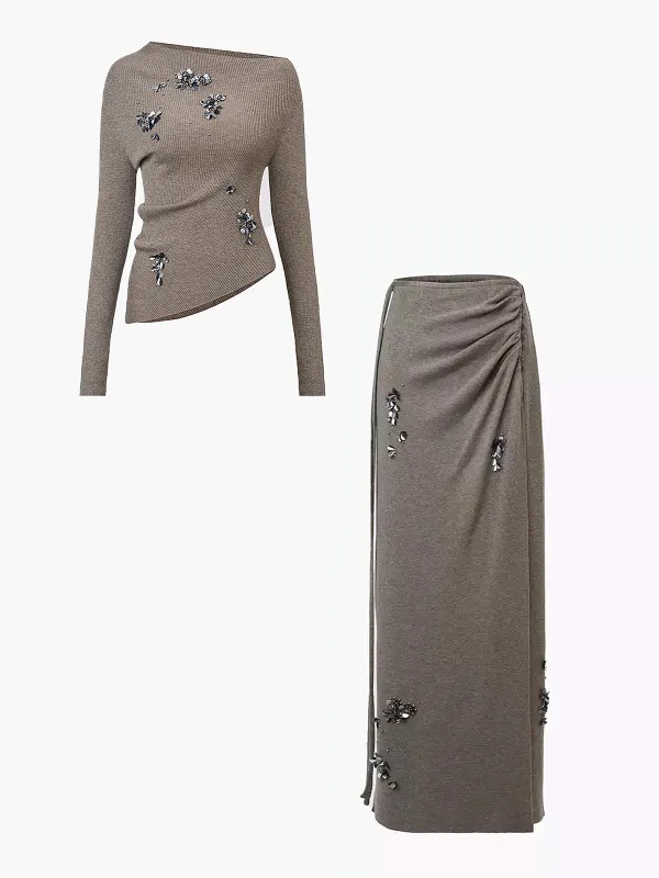 Wool-Blend Sequins Knit Top & Skirt Set sold by COMMENSE