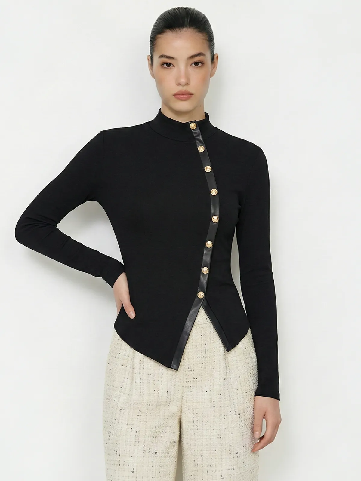 Asymmetric Faux Leather Panel Knit Top sold by COMMENSE product image thumbnail 2
