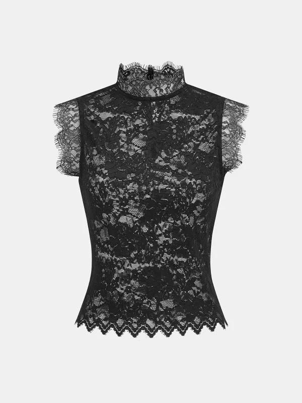 Scalloped Trim Stand Collar Lace Sleeveless Top made by COMMENSE