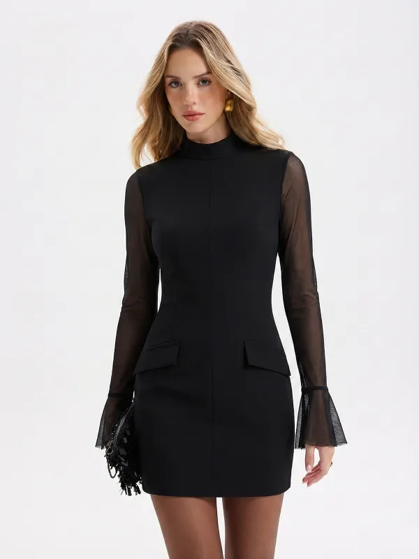 Sheer-Sleeve Flared-Cuff Mini Dress sold by COMMENSE