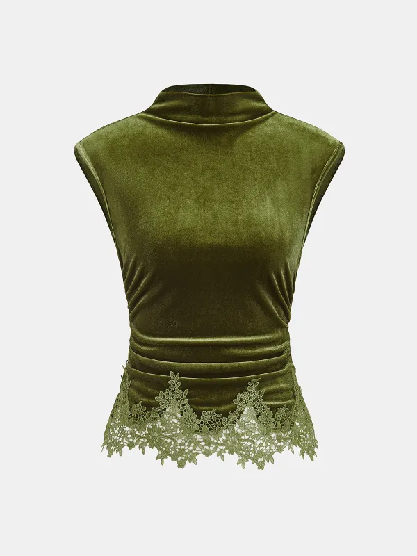 Lace Hem Ruched Velvet Sleeveless Top sold by COMMENSE