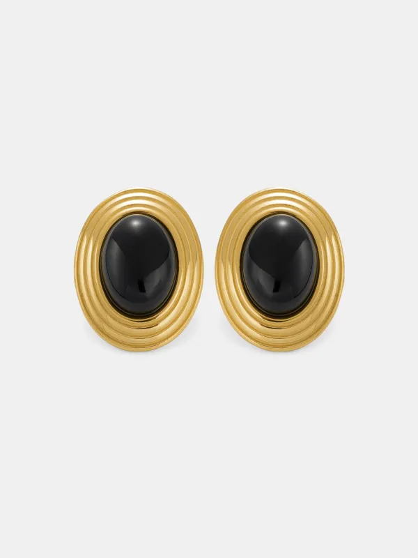 Textured Frame Black Oval Stone Stud Earrings made by COMMENSE