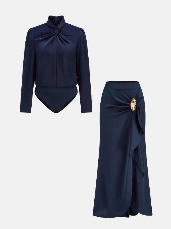Twisted Satin Bodysuit & Ruffle Maxi Skirt Set sold by COMMENSE