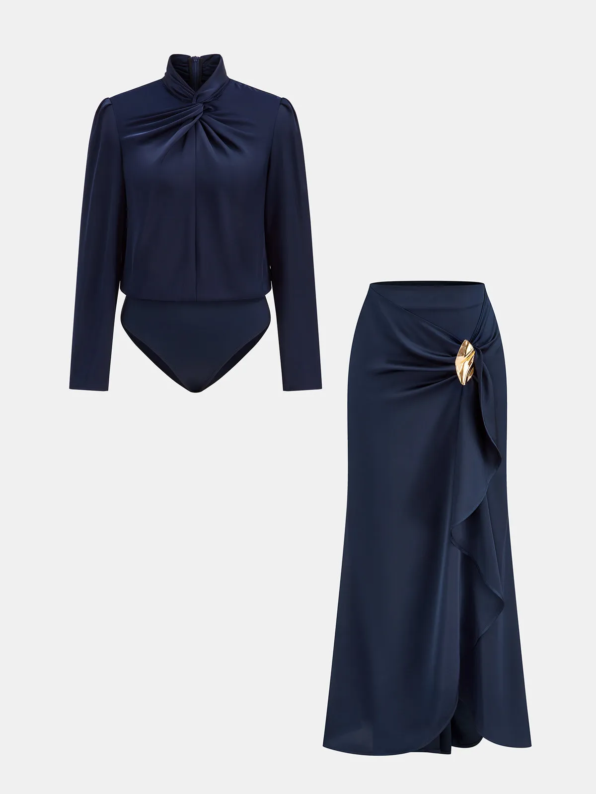 Twisted Satin Bodysuit & Ruffle Maxi Skirt Set sold by COMMENSE