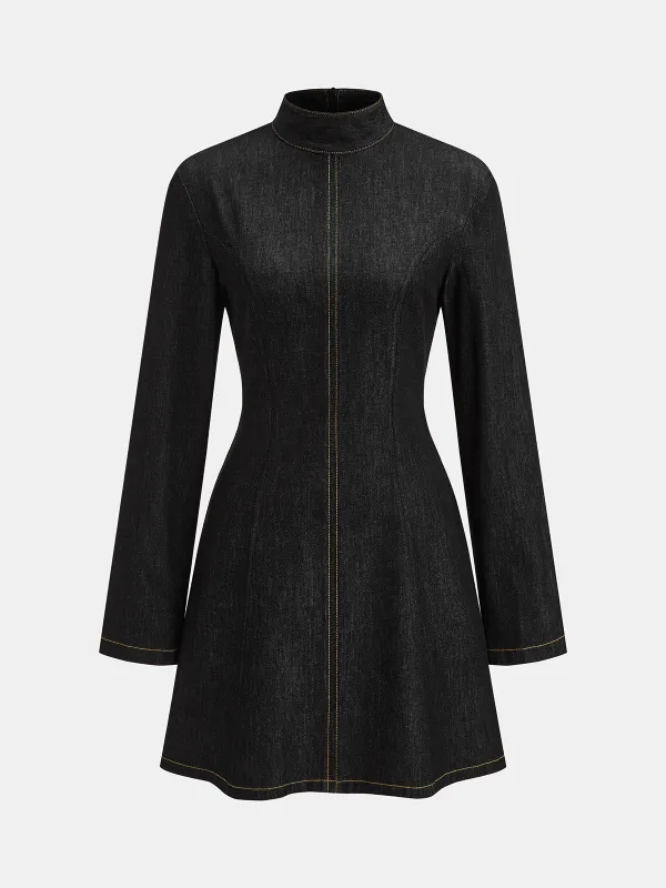 Contrast Stitched Denim Stand Collar Mini Dress made by COMMENSE