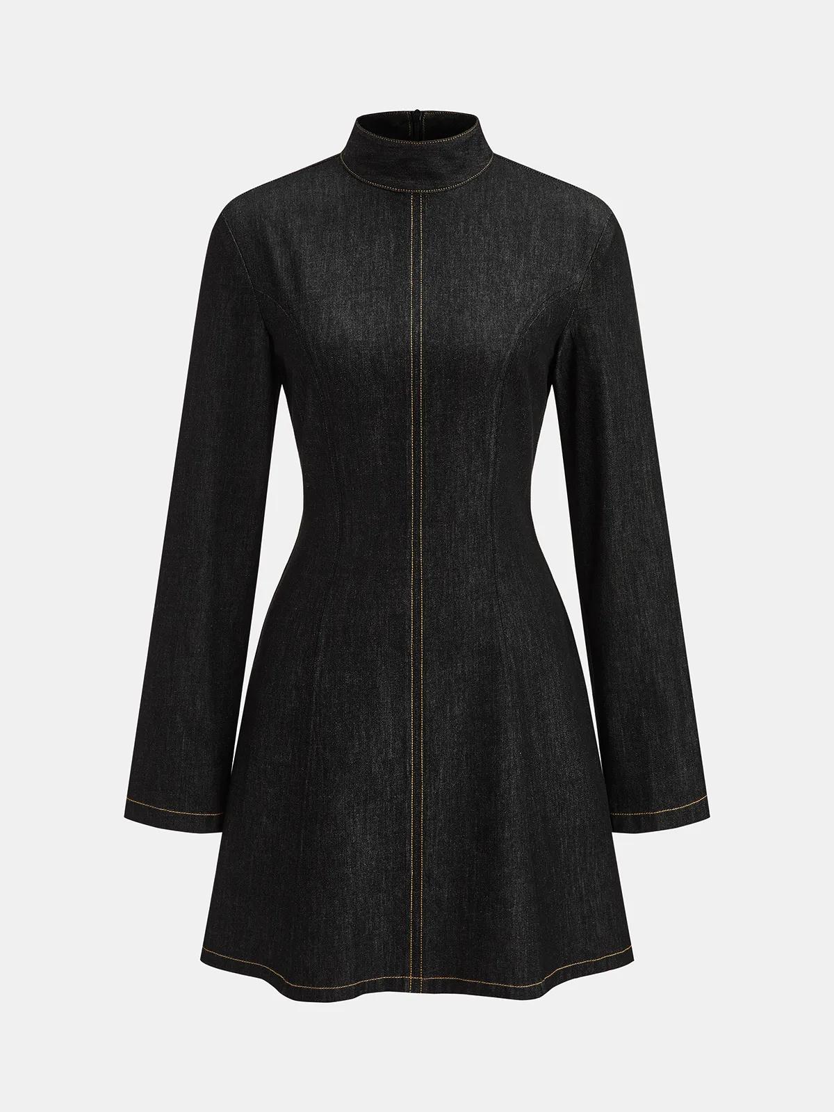 Contrast Stitched Denim Stand Collar Mini Dress sold by COMMENSE