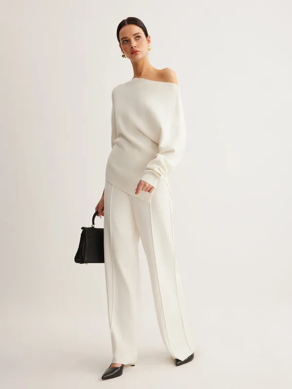 Wool-Blend Asymmetric Sweater & Wide-Leg Pants Set sold by COMMENSE