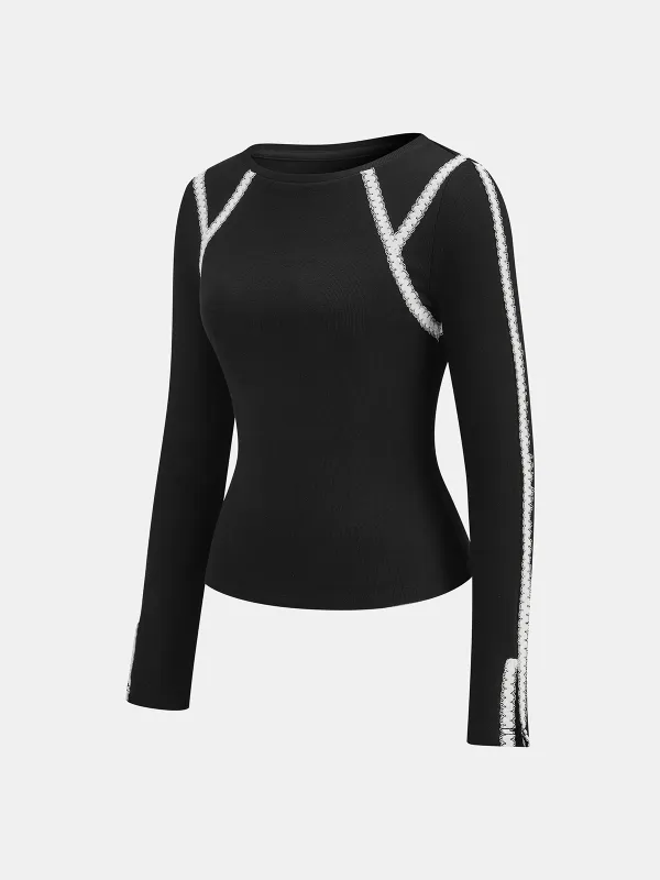 Lace Trim Ribbed Long Sleeve Top sold by COMMENSE