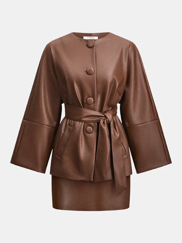 Faux Leather Belted Jacket & Skirt Set sold by COMMENSE