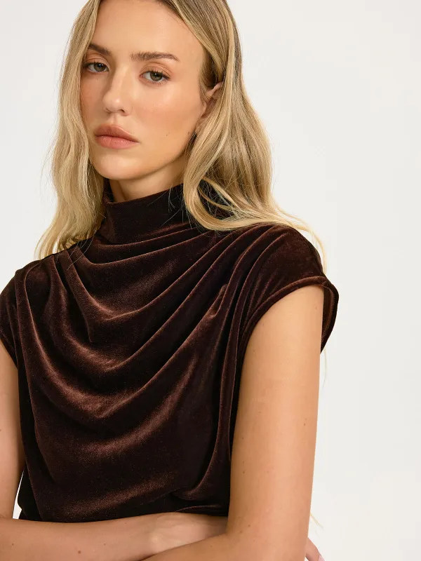 Velvet Mock-Neck Draped Cap-Sleeve Crop Top sold by COMMENSE