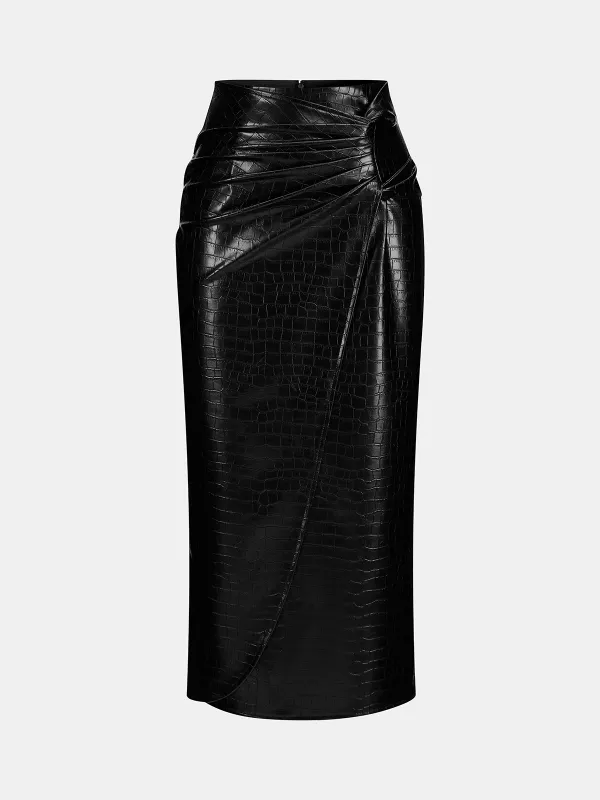 Crocodile Faux Leather Ruched Midi Skirt sold by COMMENSE