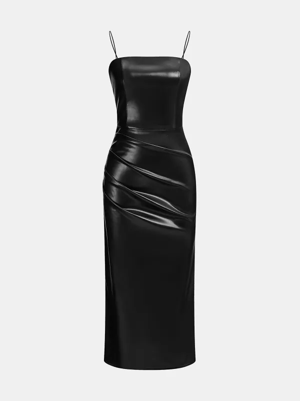 Faux Leather Ruched Cami Midi Dress sold by COMMENSE