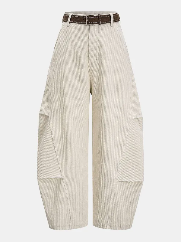Belted Corduroy Curved Wide-Leg Pants sold by COMMENSE