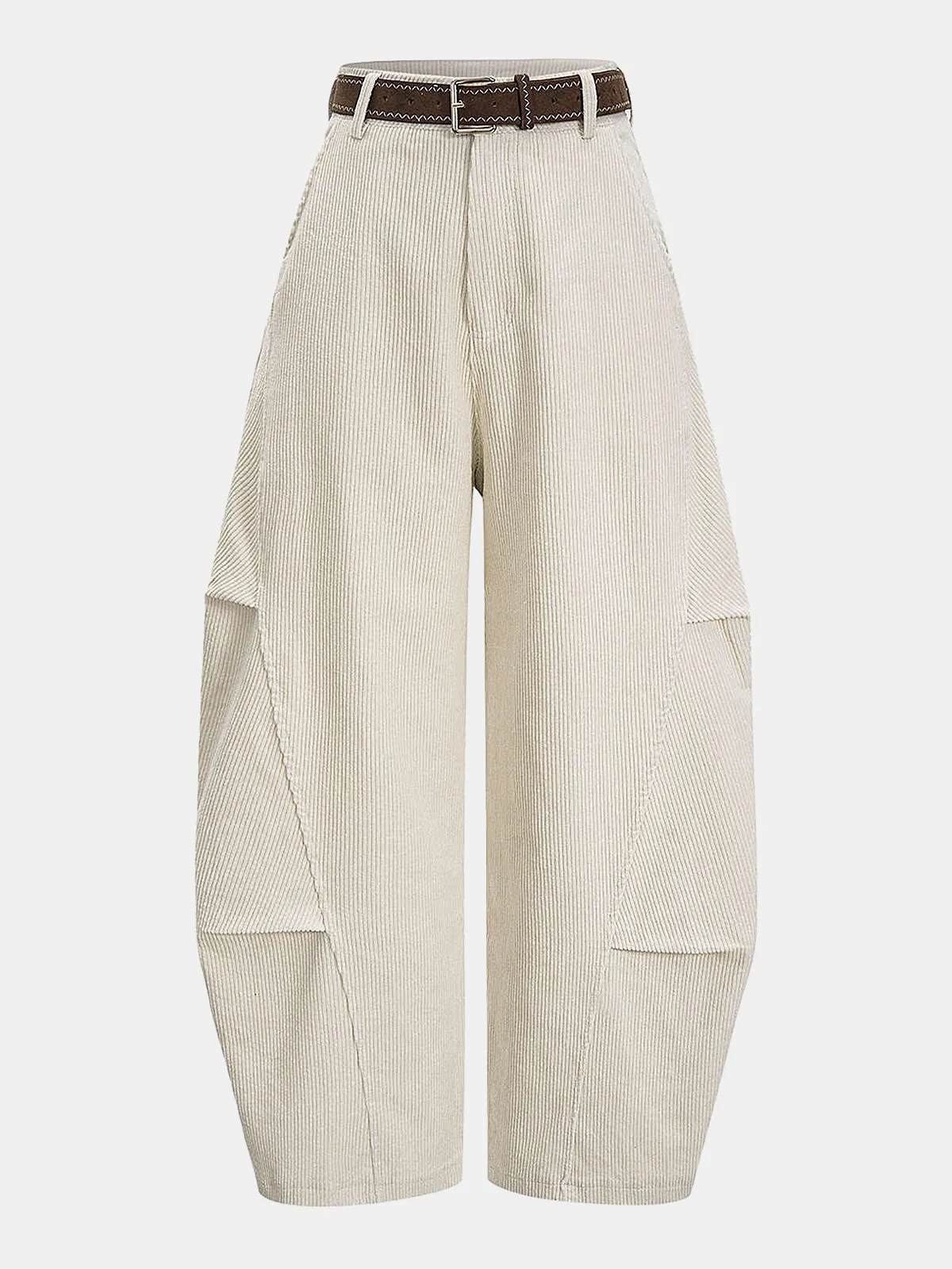 Belted Corduroy Curved Wide-Leg Pants sold by COMMENSE