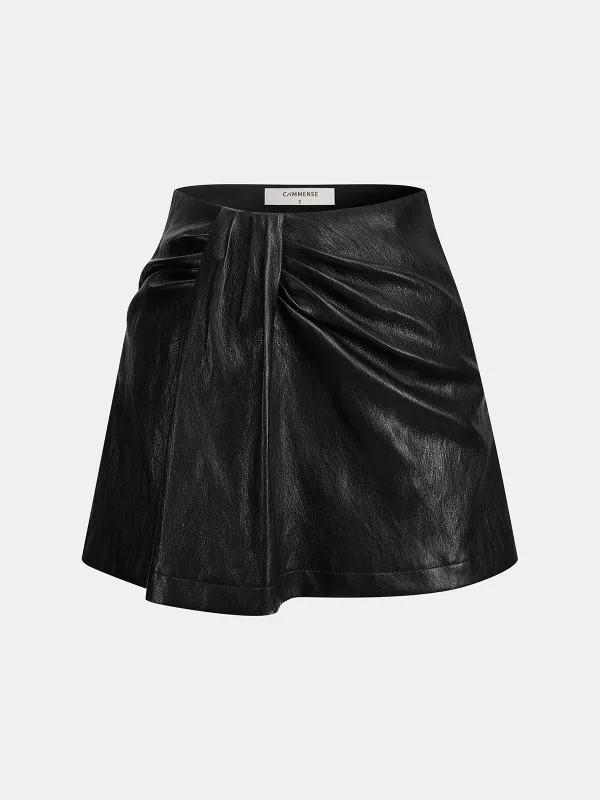 Faux Leather Ruched Mini Skort made by COMMENSE