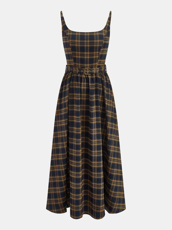 Plaid Smocked Bodice Belted Midi Dress sold by COMMENSE