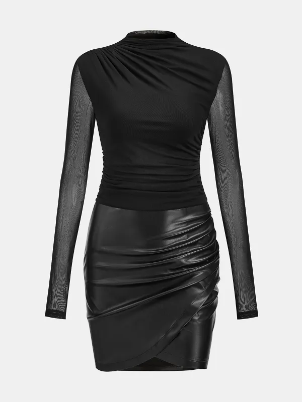 Mesh Ruched Panel Faux Leather Mini Dress sold by COMMENSE