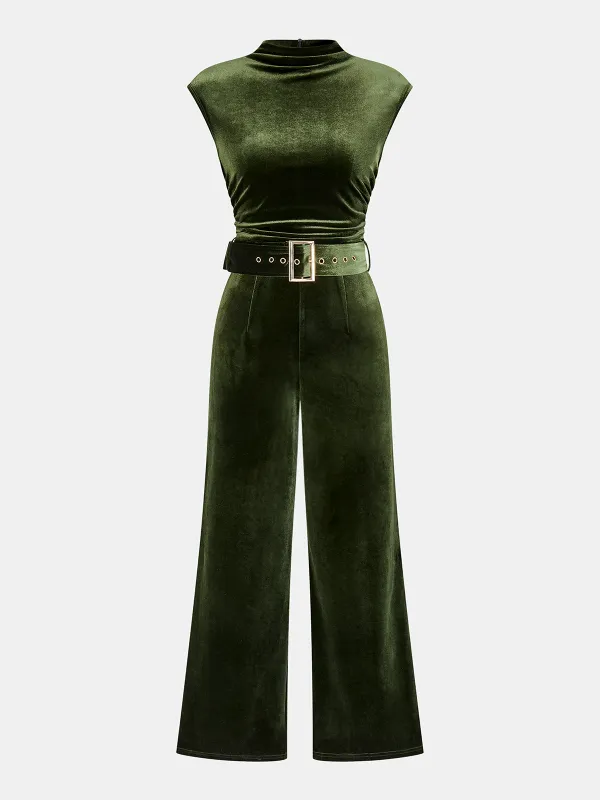 Velvet Sleeveless Belted Wide-Leg Jumpsuit sold by COMMENSE