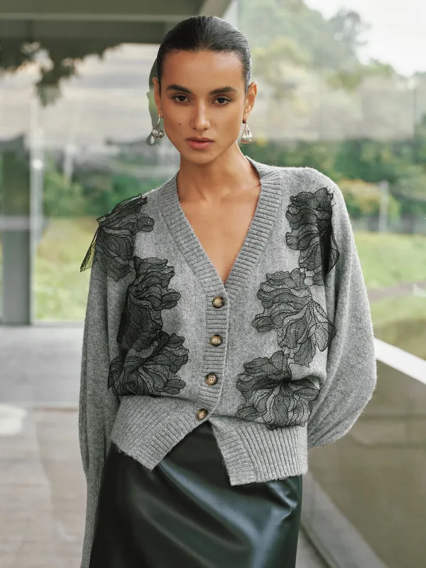 V-Neck Lace Flower Button Cardigan sold by COMMENSE