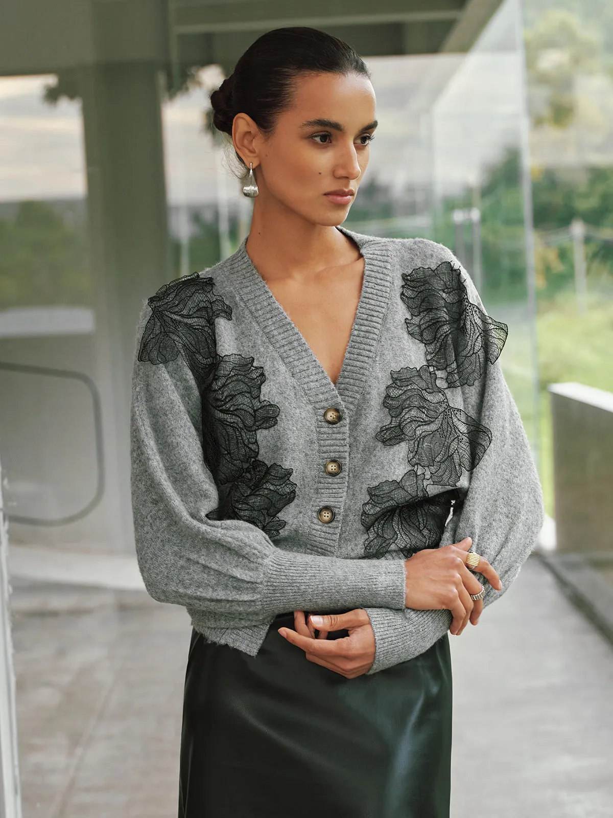 V-Neck Lace Flower Button Cardigan sold by COMMENSE product image thumbnail 5