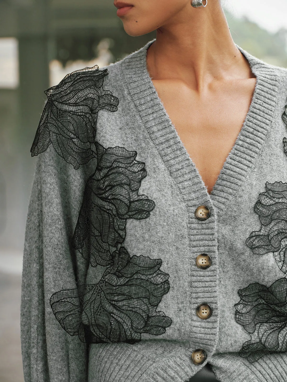V-Neck Lace Flower Button Cardigan sold by COMMENSE product image thumbnail 2