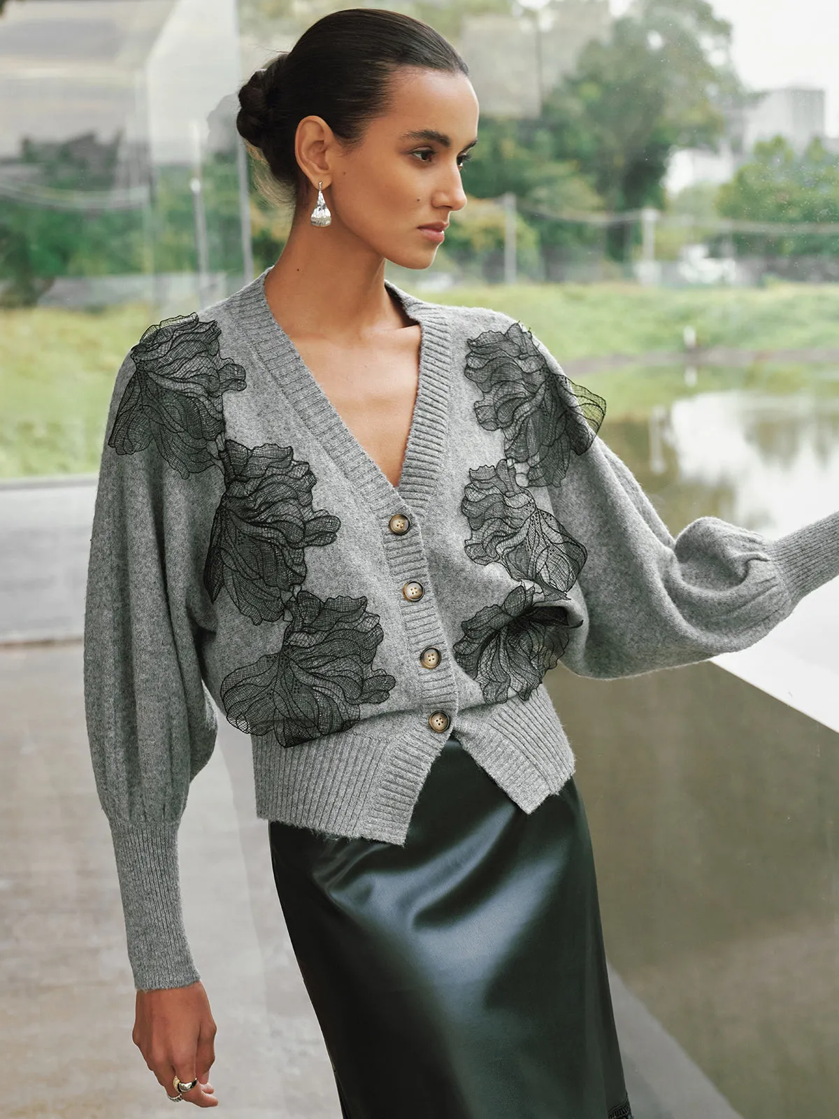 V-Neck Lace Flower Button Cardigan sold by COMMENSE product image thumbnail 3