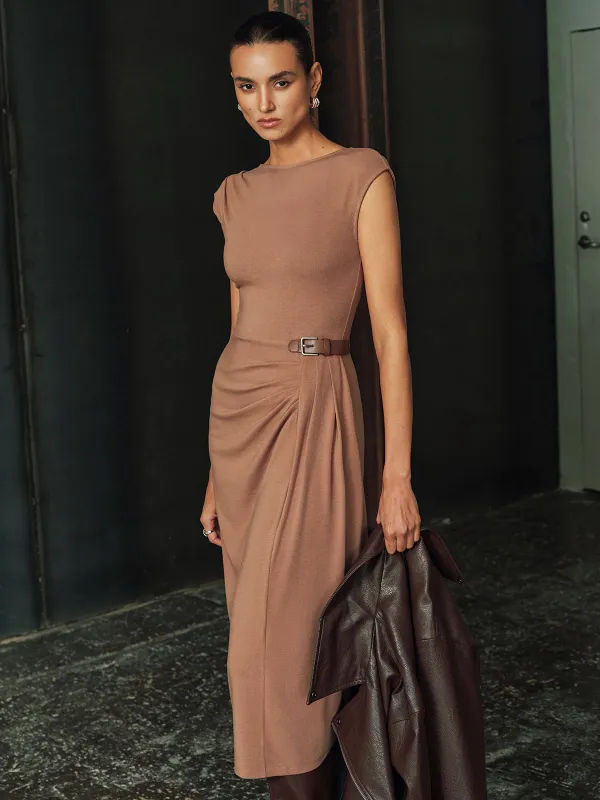 Sleeveless Buckle Detail Ruched Midi Dress sold by COMMENSE