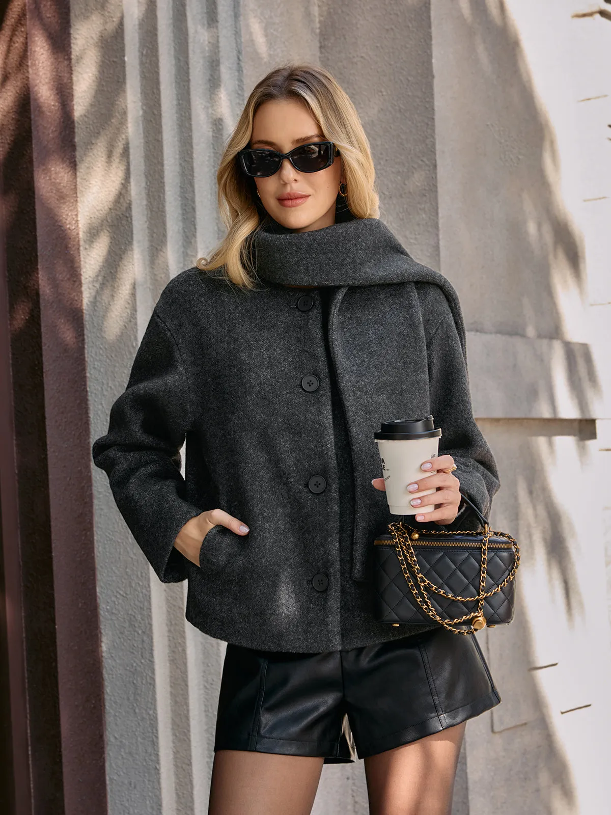 Cropped Bouclé Coat with Scarf sold by COMMENSE