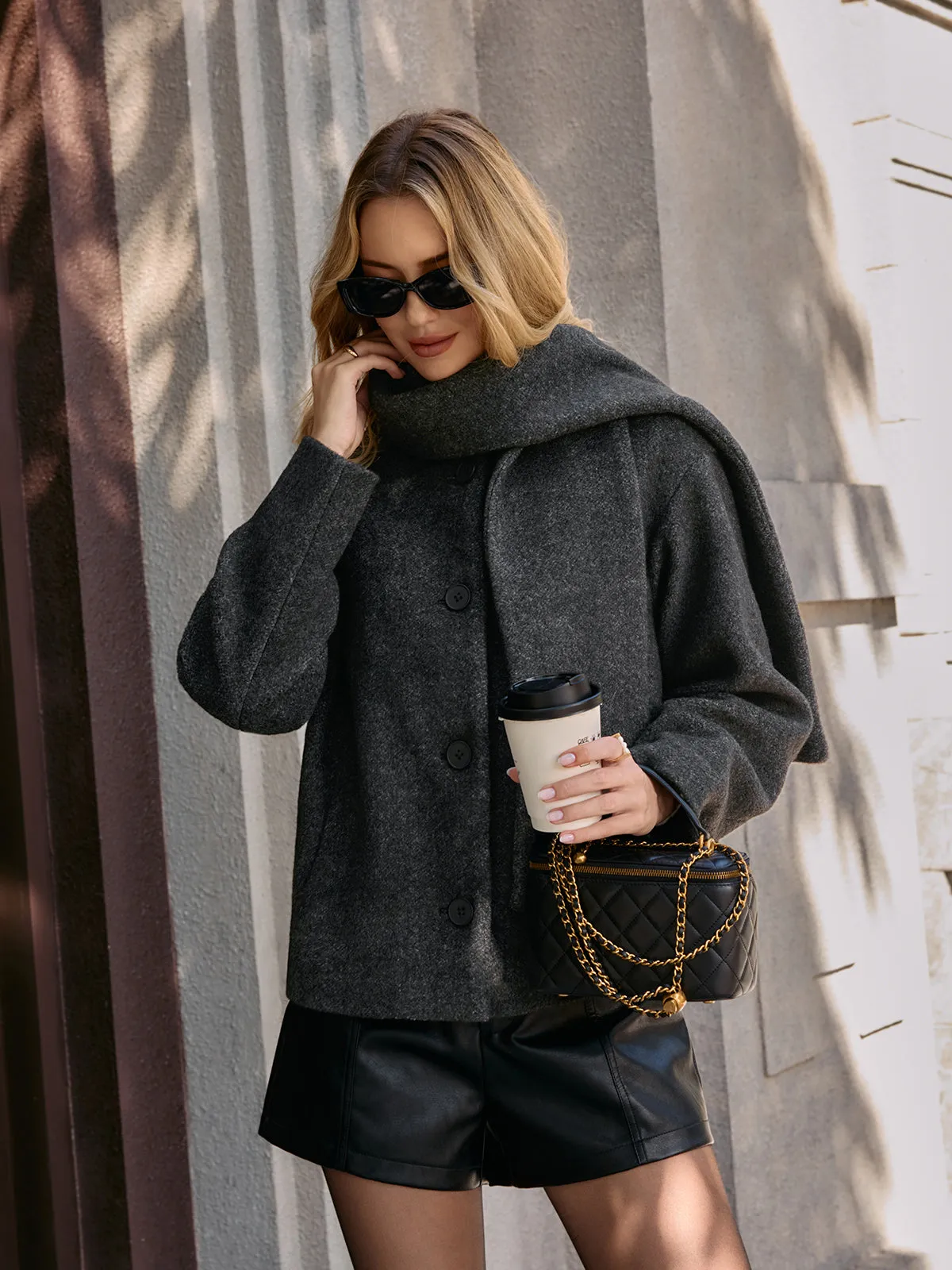 Cropped Bouclé Coat with Scarf sold by COMMENSE product image thumbnail 3