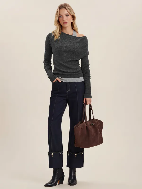 Wool-Blend Asymmetrical Cold-Shoulder Knit Top sold by COMMENSE