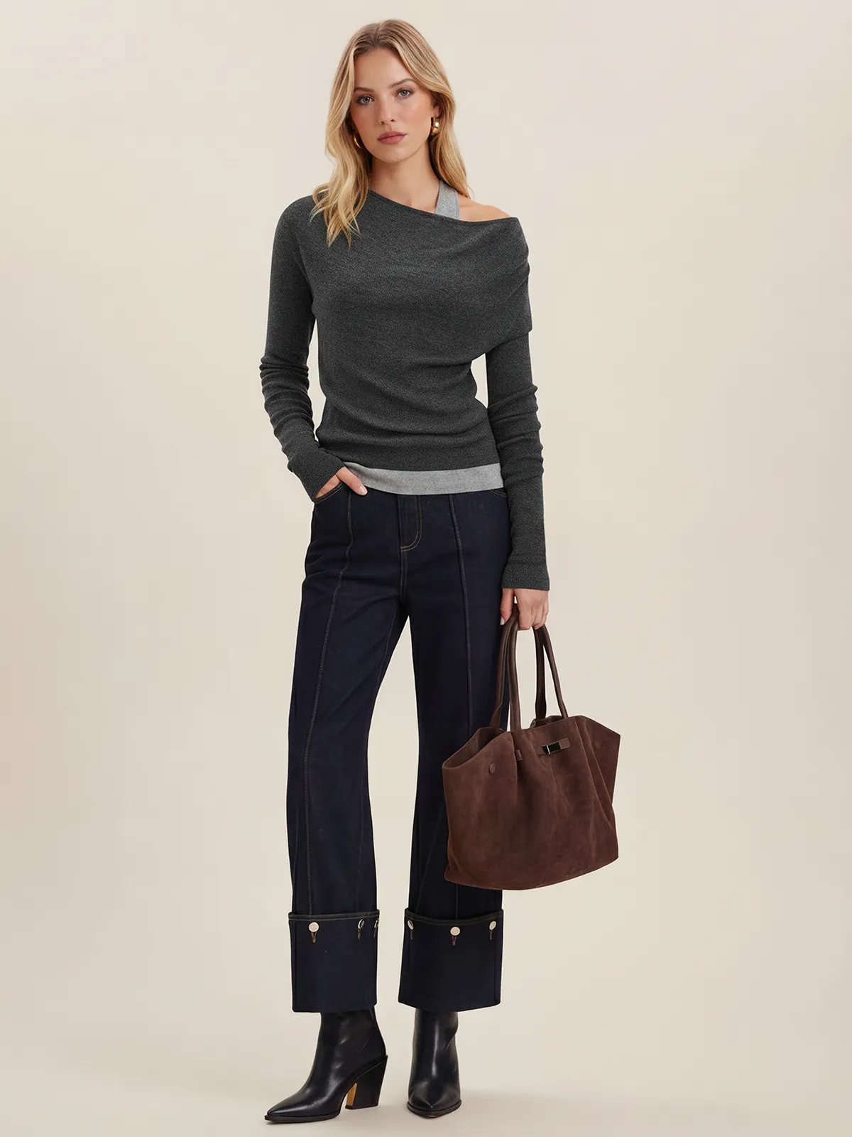 Wool-Blend Asymmetrical Cold-Shoulder Knit Top sold by COMMENSE